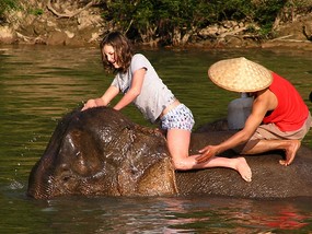 Washing elephant on Nam Khan river, Luang Prabang