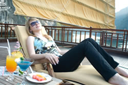 Relax on Valentine Cruise Junk, Halong Bay,Vietnam Relax on sun deck Valentine Cruises Halong Bay
